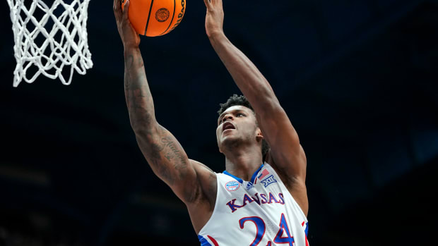 Nov 6, 2023; Lawrence, Kansas, USA; Kansas Jayhawks forward K.J. Adams Jr. (24) shoots a layup during the first half against the North Carolina Central Eagles at Allen Fieldhouse.